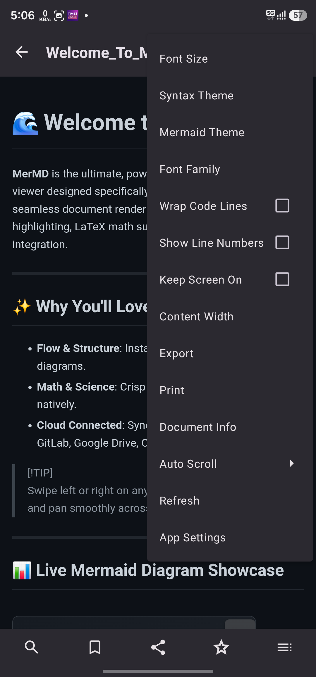 Reader screen menu options
